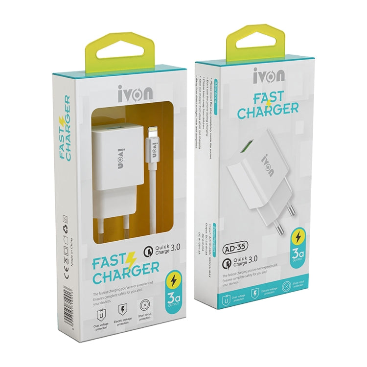 IVON AD-35 2 in 1 18W QC3.0 USB Port Travel Charger + 1m USB to 8 Pin Data Cable Set, EU Plug(White) - HoMEdemic™ 