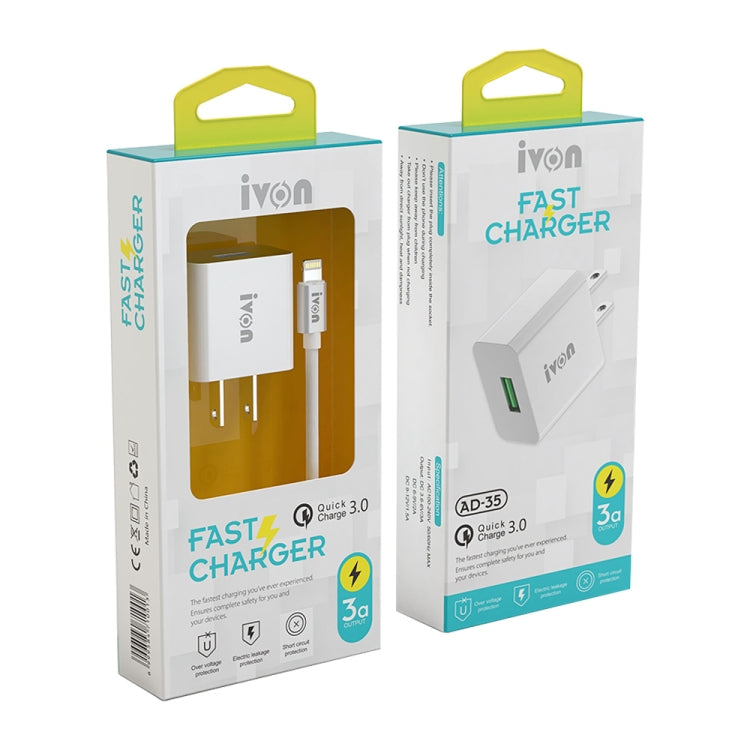IVON AD-35 2 in 1 18W QC3.0 USB Port Travel Charger + 1m USB to 8 Pin Data Cable Set, US Plug(White) - HoMEdemic™ 