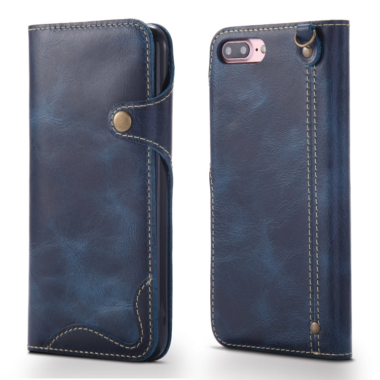 For iPhone 7 Plus / 8 Plus Denior Oil Wax Cowhide Magnetic Button Horizontal Flip Leather Case with Card Slots & Wallet(Dark Blue) - HoMEdemic™ 