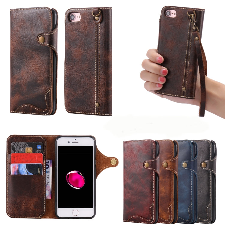 For iPhone 7 Plus / 8 Plus Denior Oil Wax Cowhide Magnetic Button Horizontal Flip Leather Case with Card Slots & Wallet(Dark Blue) - HoMEdemic™ 