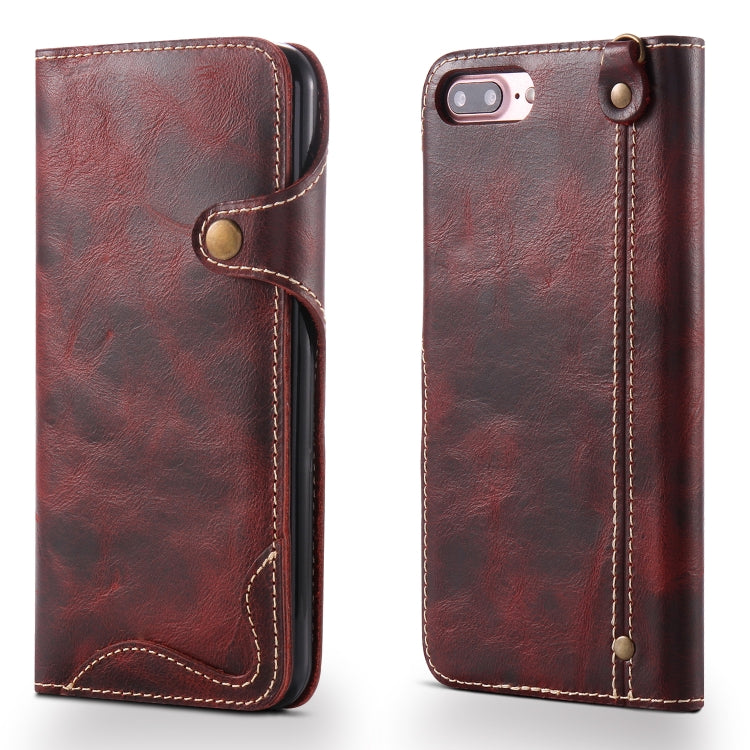 For iPhone 7 Plus / 8 Plus Denior Oil Wax Cowhide Magnetic Button Horizontal Flip Leather Case with Card Slots & Wallet(Dark Red) - HoMEdemic™ 