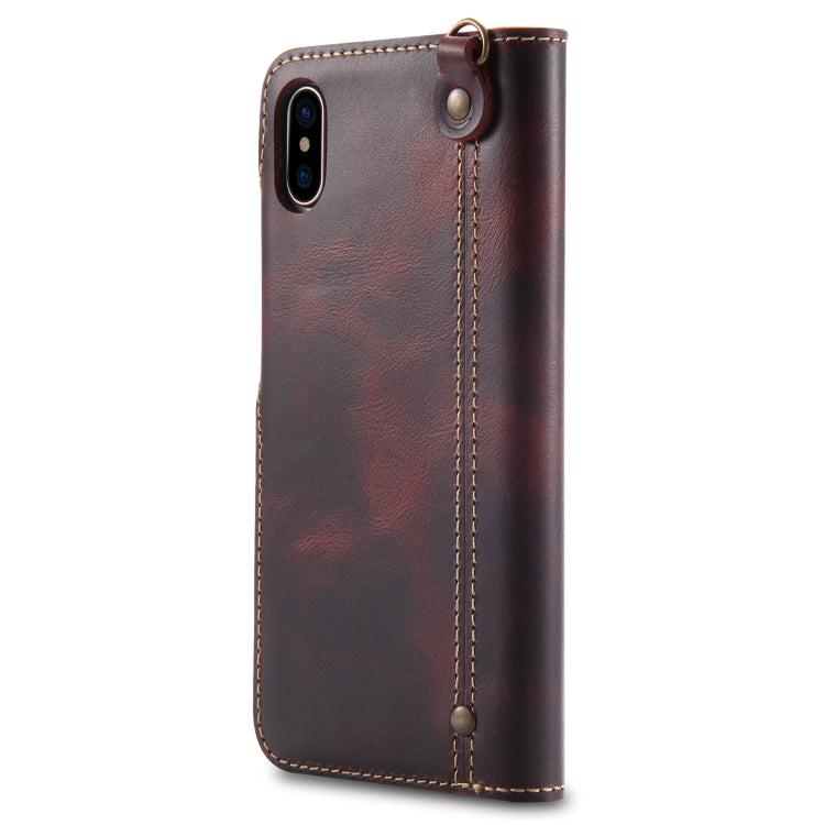 For iPhone X / XS Denior Oil Wax Cowhide Magnetic Button Horizontal Flip Leather Case with Card Slots & Wallet(Dark Red) - HoMEdemic™ 