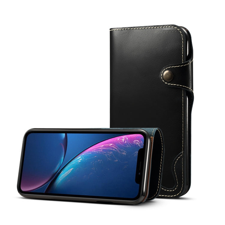 For iPhone XR Denior Oil Wax Cowhide Magnetic Button Horizontal Flip Leather Case with Card Slots & Wallet(Black) - HoMEdemic™ 