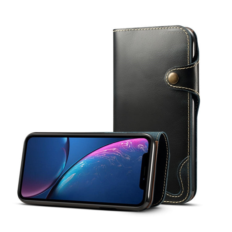 For iPhone XR Denior Oil Wax Cowhide Magnetic Button Horizontal Flip Leather Case with Card Slots & Wallet(Dark Blue) - HoMEdemic™ 