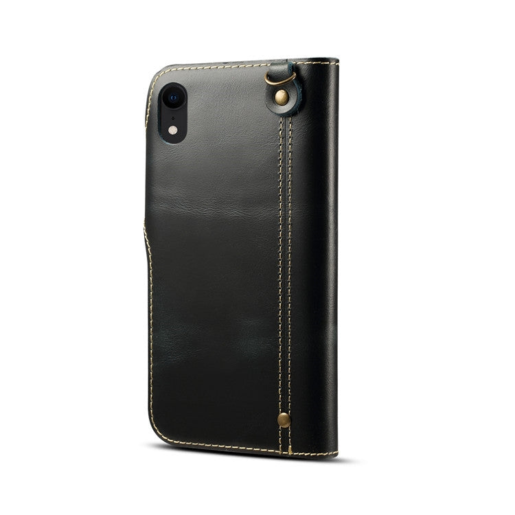 For iPhone XR Denior Oil Wax Cowhide Magnetic Button Horizontal Flip Leather Case with Card Slots & Wallet(Dark Blue) - HoMEdemic™ 