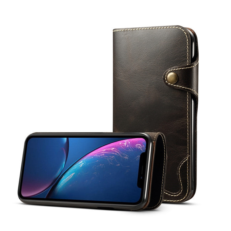 For iPhone XR Denior Oil Wax Cowhide Magnetic Button Horizontal Flip Leather Case with Card Slots & Wallet(Brown) - HoMEdemic™ 