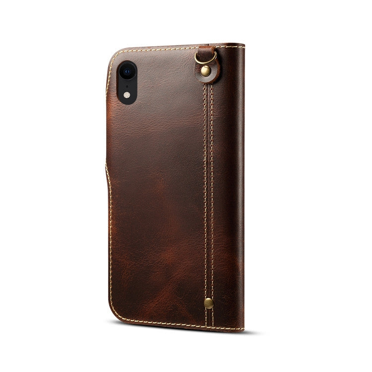 For iPhone XR Denior Oil Wax Cowhide Magnetic Button Horizontal Flip Leather Case with Card Slots & Wallet(Brown) - HoMEdemic™ 