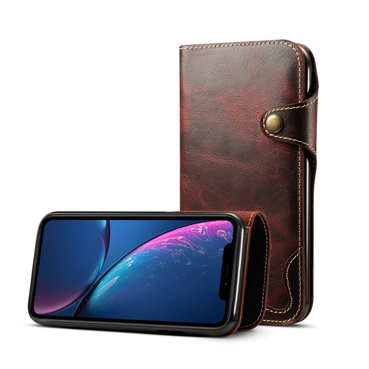 For iPhone XR Denior Oil Wax Cowhide Magnetic Button Horizontal Flip Leather Case with Card Slots & Wallet(Dark Red) - HoMEdemic™ 