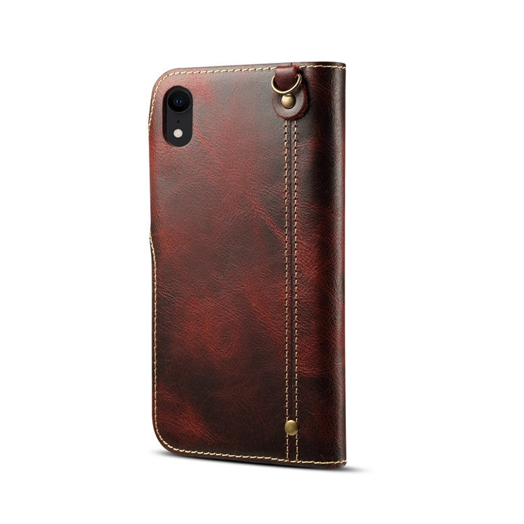 For iPhone XR Denior Oil Wax Cowhide Magnetic Button Horizontal Flip Leather Case with Card Slots & Wallet(Dark Red) - HoMEdemic™ 