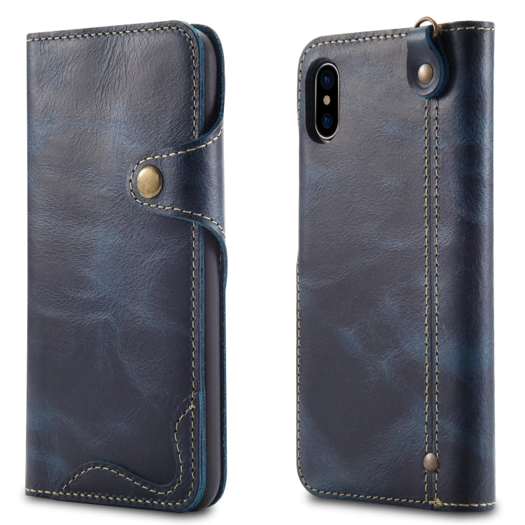 For iPhone XS Max Denior Oil Wax Cowhide Magnetic Button Horizontal Flip Leather Case with Card Slots & Wallet(Dark Blue) - HoMEdemic™ 
