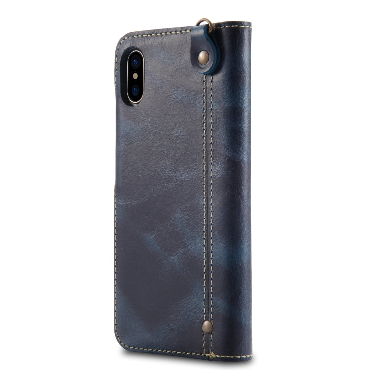 For iPhone XS Max Denior Oil Wax Cowhide Magnetic Button Horizontal Flip Leather Case with Card Slots & Wallet(Dark Blue) - HoMEdemic™ 