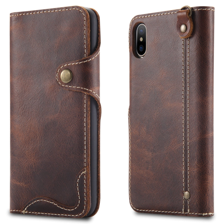 For iPhone XS Max Denior Oil Wax Cowhide Magnetic Button Horizontal Flip Leather Case with Card Slots & Wallet(Brown) - HoMEdemic™ 