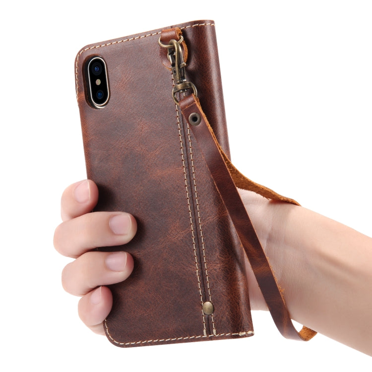 For iPhone XS Max Denior Oil Wax Cowhide Magnetic Button Horizontal Flip Leather Case with Card Slots & Wallet(Brown) - HoMEdemic™ 