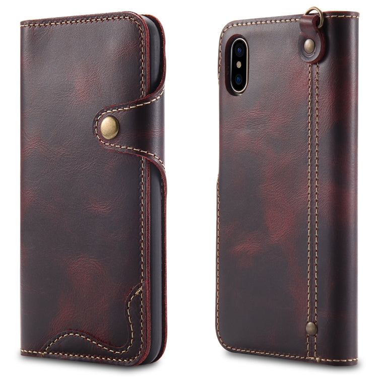 For iPhone XS Max Denior Oil Wax Cowhide Magnetic Button Horizontal Flip Leather Case with Card Slots & Wallet(Dark Red) - HoMEdemic™ 
