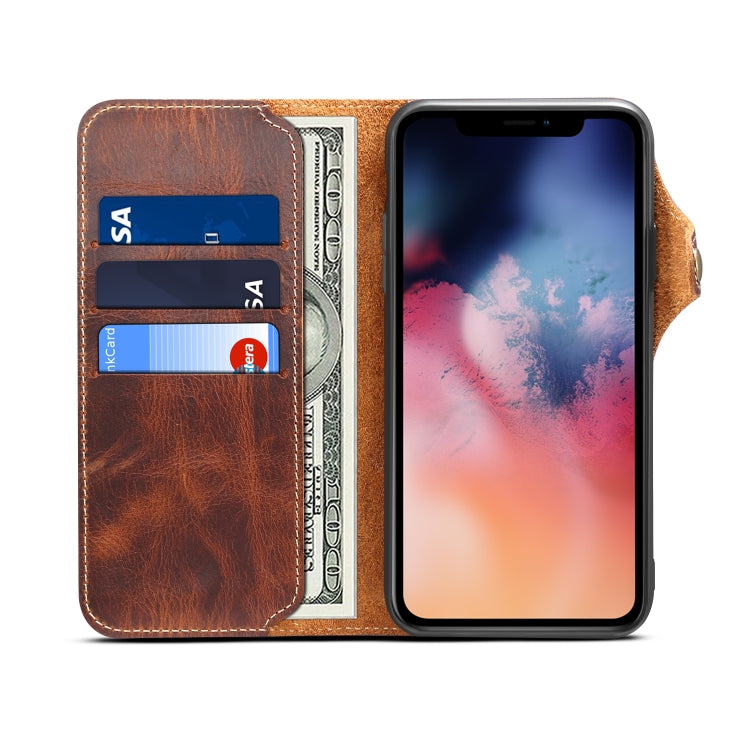 For iPhone 11 Pro Max Denior Oil Wax Cowhide Magnetic Button Horizontal Flip Leather Case with Card Slots & Wallet(Brown) - HoMEdemic™ 