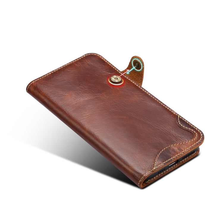For iPhone 11 Pro Max Denior Oil Wax Cowhide Magnetic Button Horizontal Flip Leather Case with Card Slots & Wallet(Brown) - HoMEdemic™ 