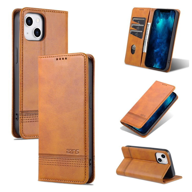 For iPhone 14 Plus AZNS Magnetic Calf Texture Flip Leather Phone Case (Light Brown) - HoMEdemic™ 