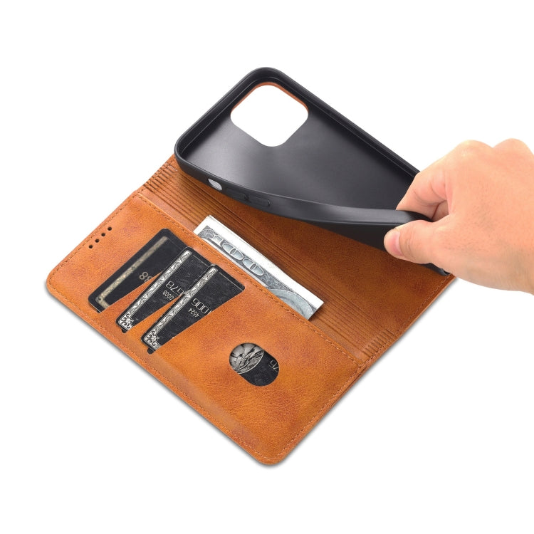 For iPhone 14 Plus AZNS Magnetic Calf Texture Flip Leather Phone Case (Light Brown) - HoMEdemic™ 