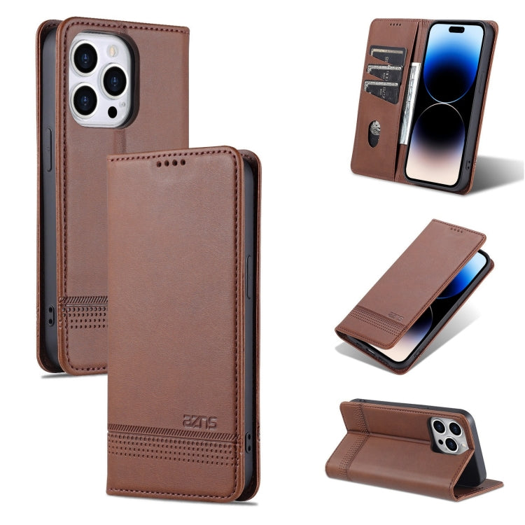 For iPhone 14 Pro AZNS Magnetic Calf Texture Flip Leather Phone Case(Dark Brown) - HoMEdemic™ 