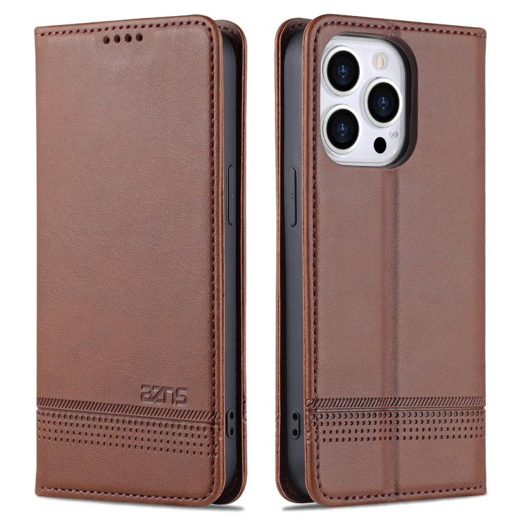 For iPhone 14 Pro AZNS Magnetic Calf Texture Flip Leather Phone Case(Dark Brown) - HoMEdemic™ 