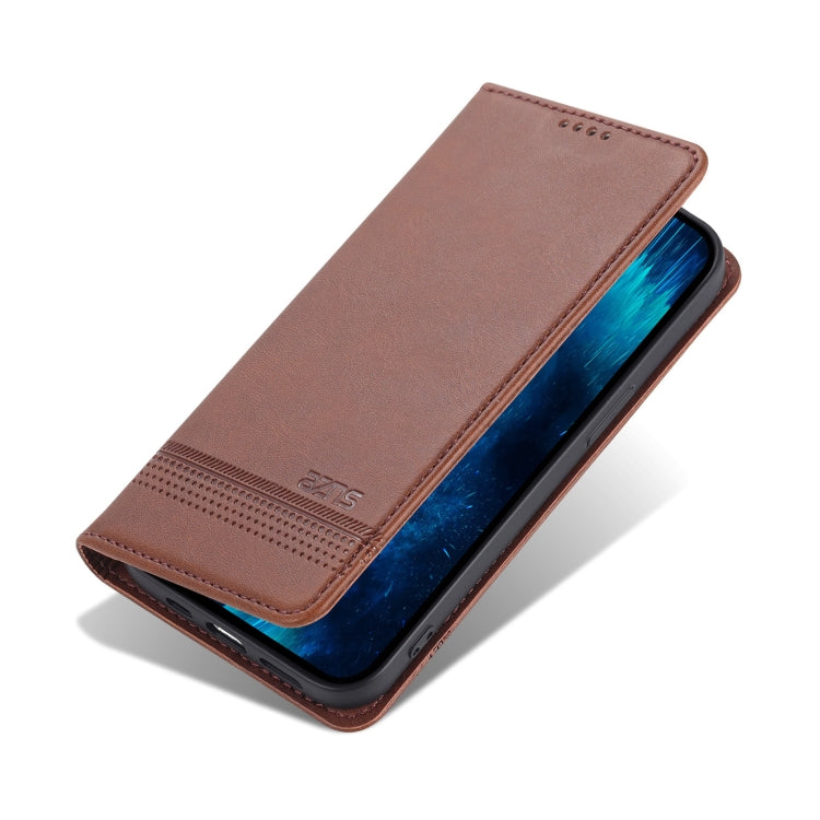For iPhone 14 Pro AZNS Magnetic Calf Texture Flip Leather Phone Case(Dark Brown) - HoMEdemic™ 