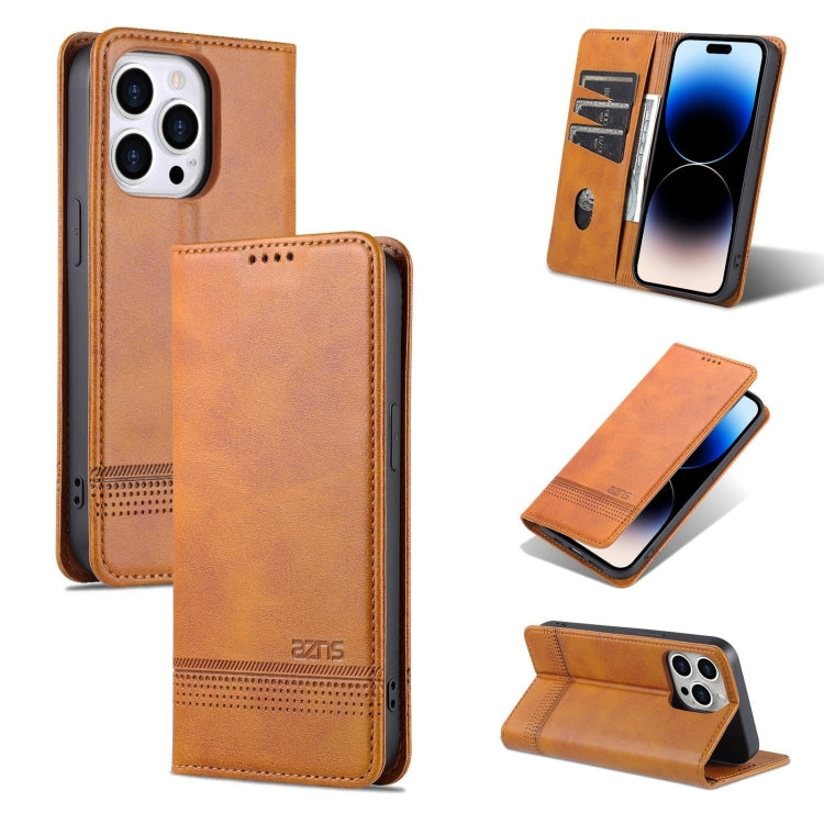 For iPhone 14 Pro AZNS Magnetic Calf Texture Flip Leather Phone Case(Light Brown) - HoMEdemic™ 