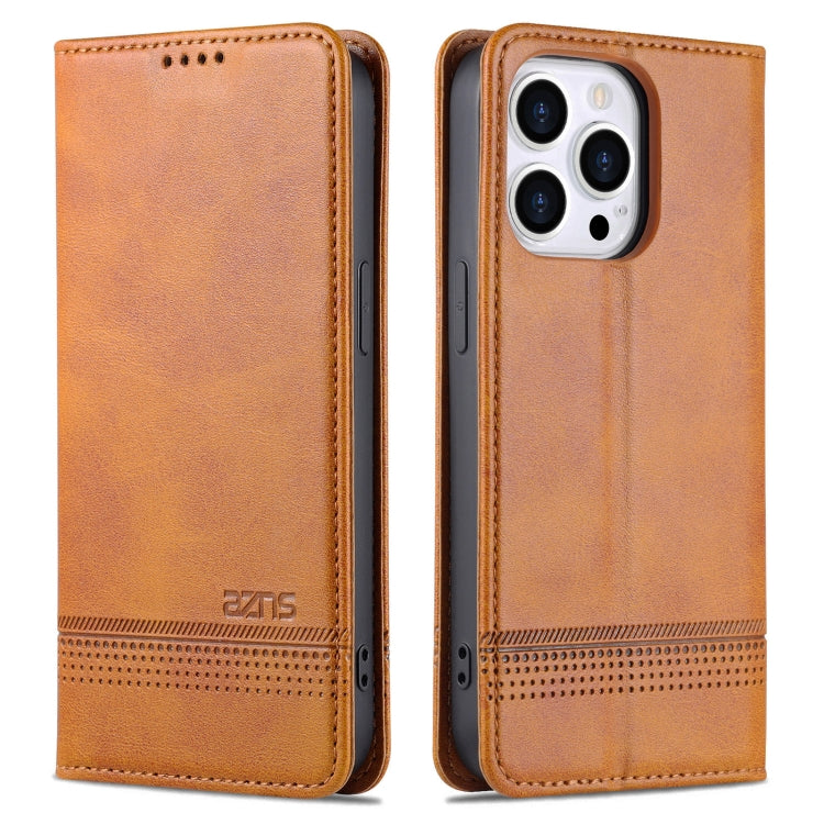 For iPhone 14 Pro AZNS Magnetic Calf Texture Flip Leather Phone Case(Light Brown) - HoMEdemic™ 