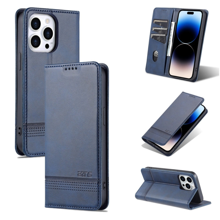 For iPhone 14 Pro AZNS Magnetic Calf Texture Flip Leather Phone Case(Dark Blue) - HoMEdemic™ 