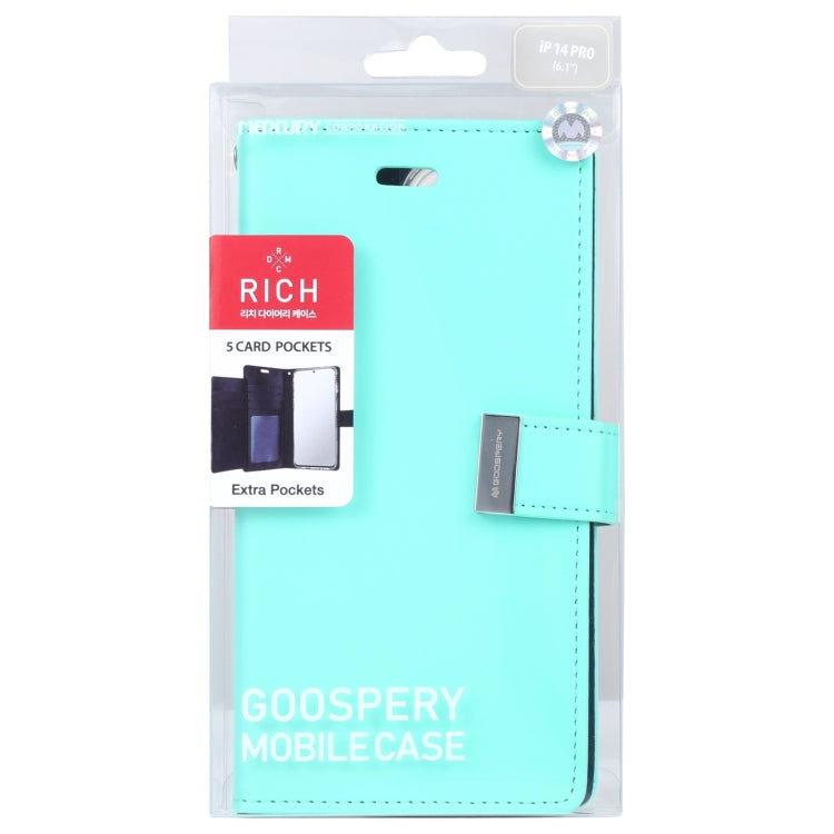 For iPhone 14 Pro GOOSPERY RICH DIARY Crazy Horse Texture Leather Case(Mint Green) - HoMEdemic™ 