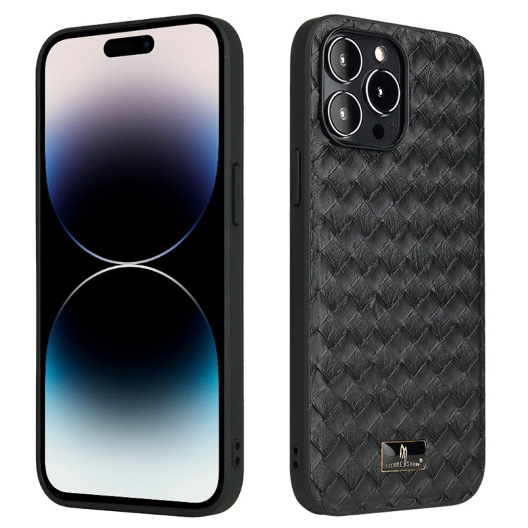 For iPhone 14 Pro Max Fierre Shann Leather Texture Phone Back Cover Case (Woven Black) - HoMEdemic™ 