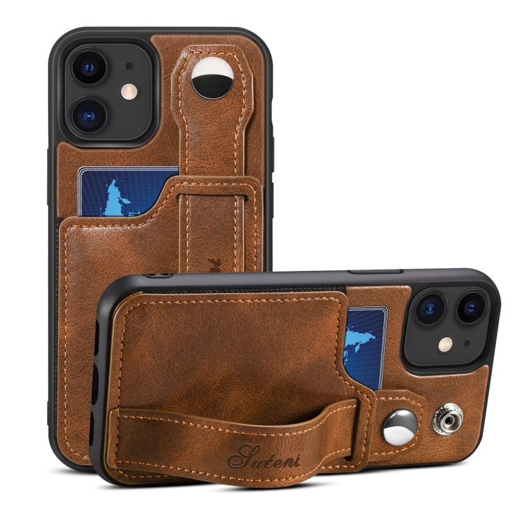 For iPhone 12 Suteni 215 Wrist Strap PU Phone Case(Brown) - HoMEdemic™ 