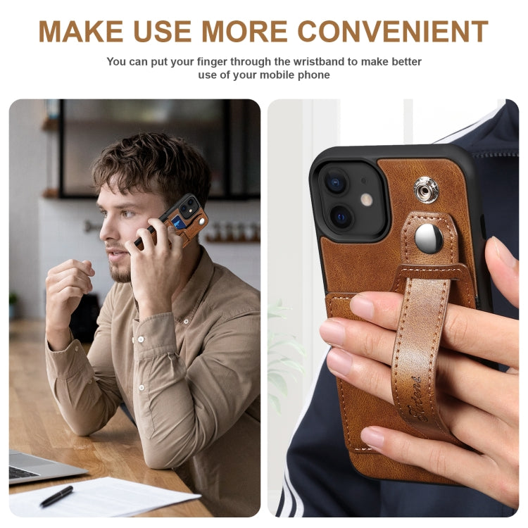 For iPhone 12 Suteni 215 Wrist Strap PU Phone Case(Brown) - HoMEdemic™ 