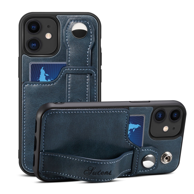 For iPhone 12 Suteni 215 Wrist Strap PU Phone Case(Blue) - HoMEdemic™ 