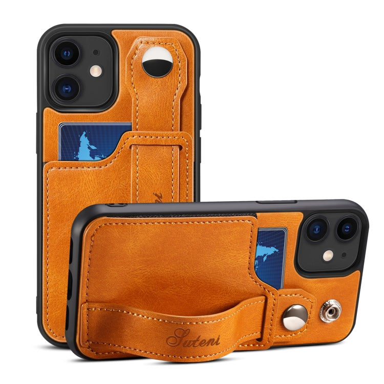 For iPhone 12 Suteni 215 Wrist Strap PU Phone Case(Khaki) - HoMEdemic™ 