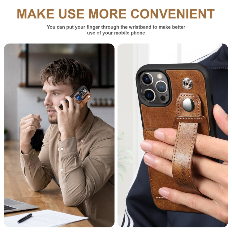 For iPhone 12 Pro Max Suteni 215 Wrist Strap PU Phone Case(Brown) - HoMEdemic™ 