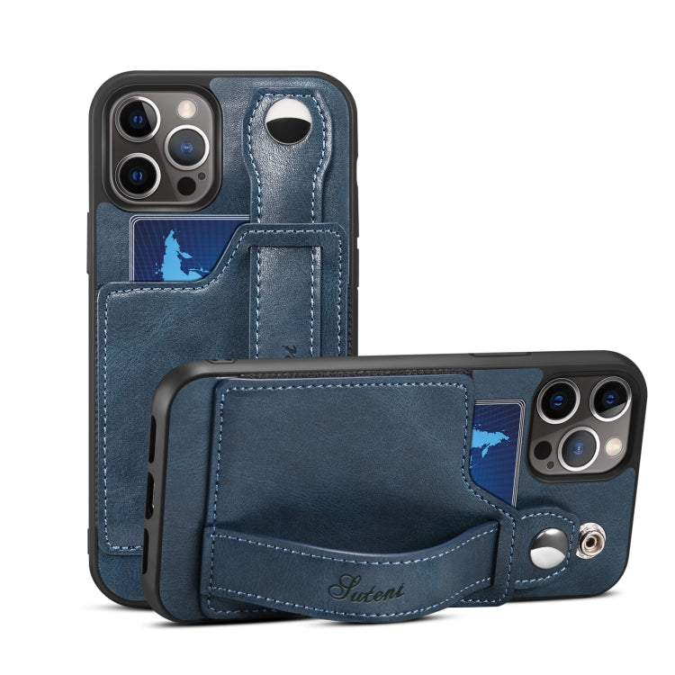 For iPhone 12 Pro Max Suteni 215 Wrist Strap PU Phone Case(Blue) - HoMEdemic™ 