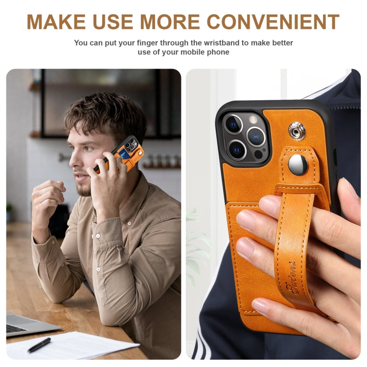 For iPhone 12 Pro Max Suteni 215 Wrist Strap PU Phone Case(Khaki) - HoMEdemic™ 