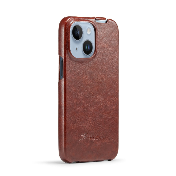For iPhone 14 Fierre Shann Oil Wax Texture Vertical Flip PU Phone Case (Brown) - HoMEdemic™ 