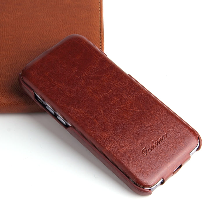 For iPhone 14 Fierre Shann Oil Wax Texture Vertical Flip PU Phone Case (Brown) - HoMEdemic™ 