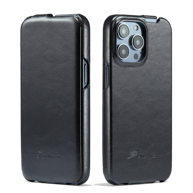 For iPhone 14 Pro Max Fierre Shann Oil Wax Texture Vertical Flip PU Phone Case (Black) - HoMEdemic™ 