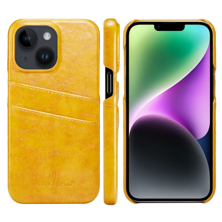 For iPhone 14 Fierre Shann Retro Oil Wax Texture PU Leather Case with Card Slots (Yellow) - HoMEdemic™ 