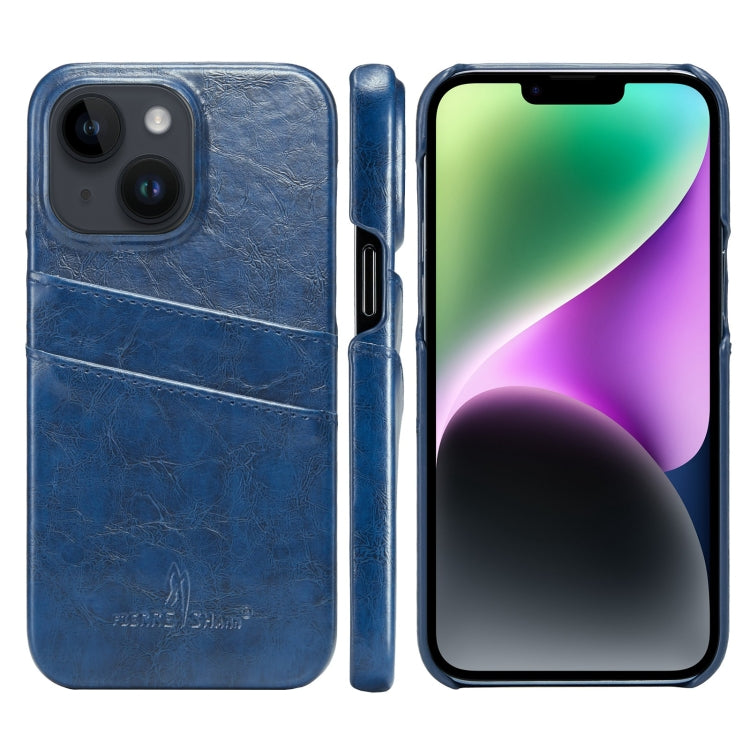 For iPhone 14 Fierre Shann Retro Oil Wax Texture PU Leather Case with Card Slots (Blue) - HoMEdemic™ 
