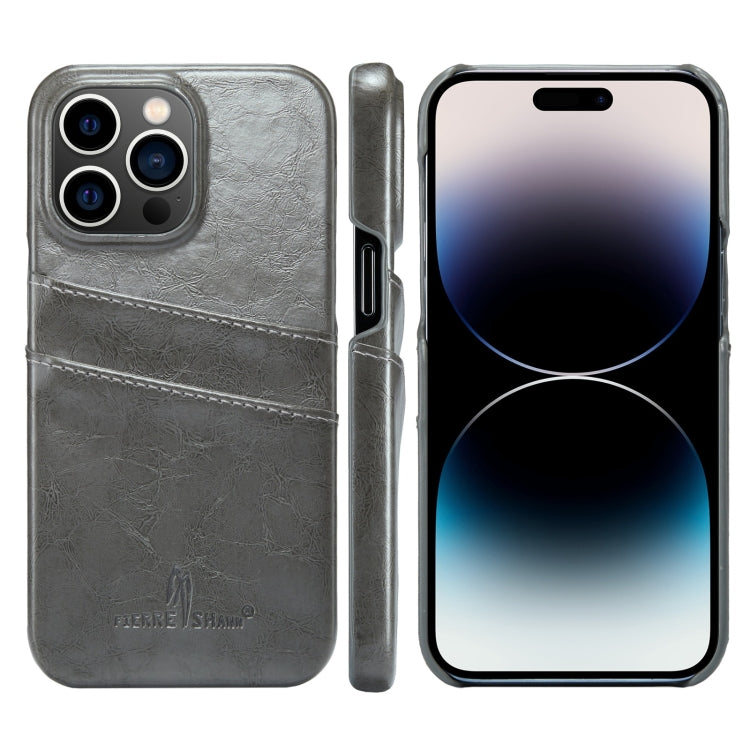 For iPhone 14 Pro Fierre Shann Retro Oil Wax Texture PU Leather Case with Card Slots(Grey) - HoMEdemic™ 