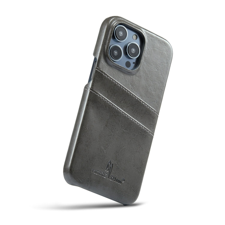 For iPhone 14 Pro Fierre Shann Retro Oil Wax Texture PU Leather Case with Card Slots(Grey) - HoMEdemic™ 