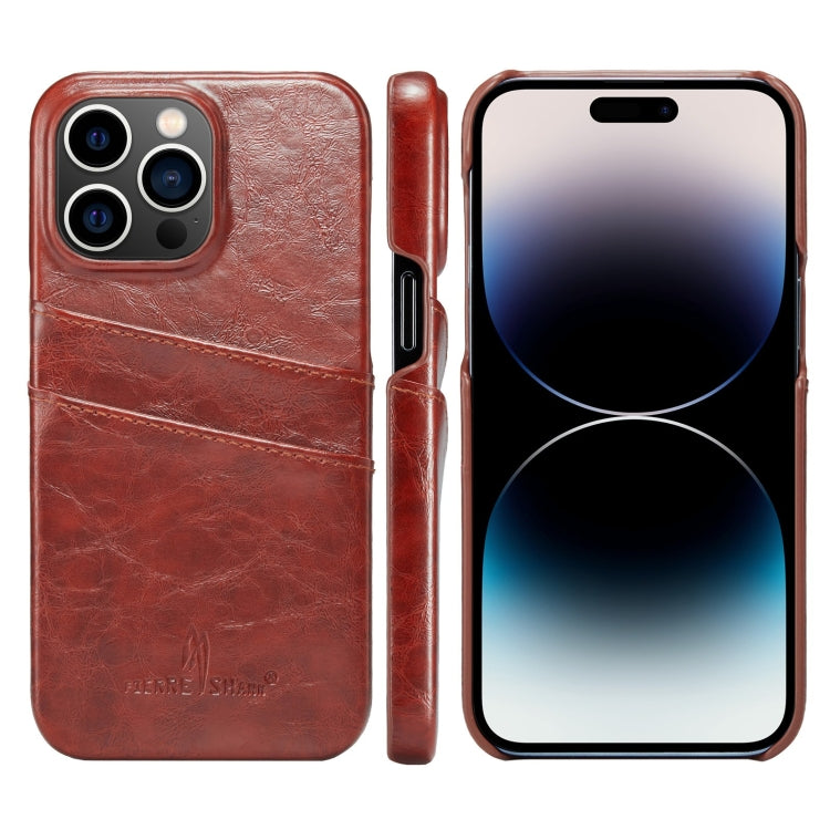 For iPhone 14 Pro Max Fierre Shann Retro Oil Wax Texture PU Leather Case with Card Slots (Brown) - HoMEdemic™ 