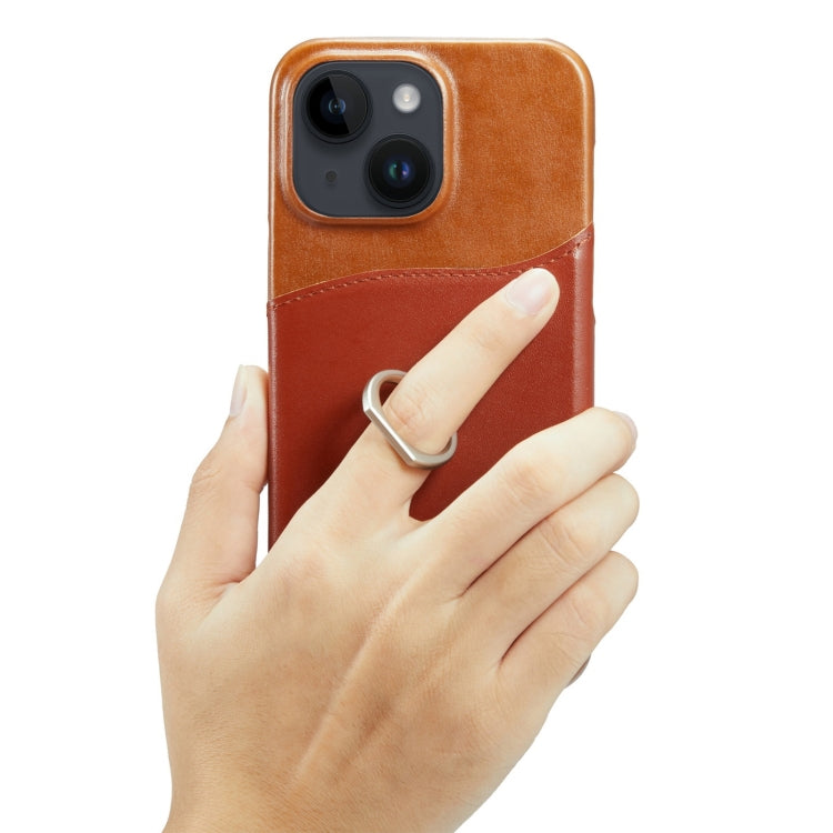 For iPhone 14 Fierre Shann Oil Wax Texture Genuine Leather Back Case (Brown) - HoMEdemic™ 
