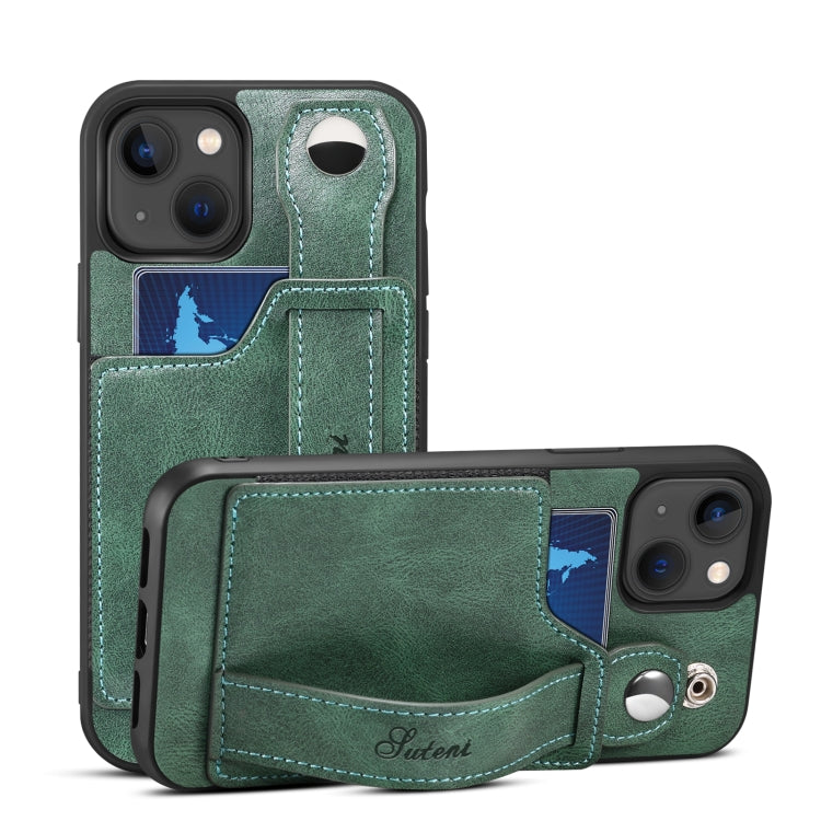 For iPhone 14 Suteni 215 Wrist Strap PU Phone Case(Green) - HoMEdemic™ 
