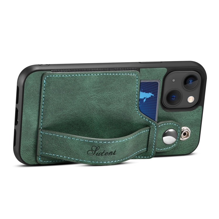 For iPhone 14 Suteni 215 Wrist Strap PU Phone Case(Green) - HoMEdemic™ 