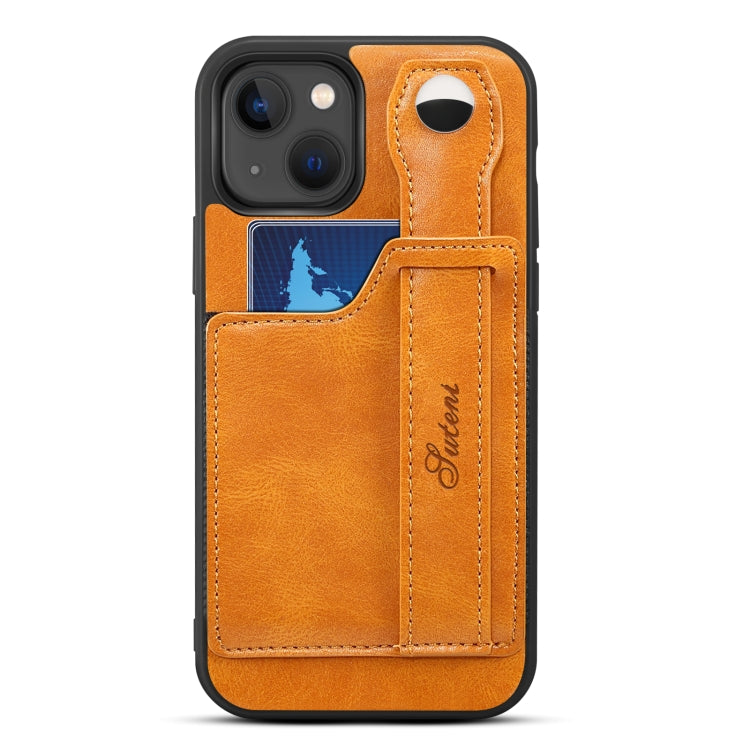 For iPhone 14 Suteni 215 Wrist Strap PU Phone Case(Khaki) - HoMEdemic™ 