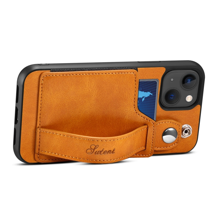 For iPhone 14 Suteni 215 Wrist Strap PU Phone Case(Khaki) - HoMEdemic™ 